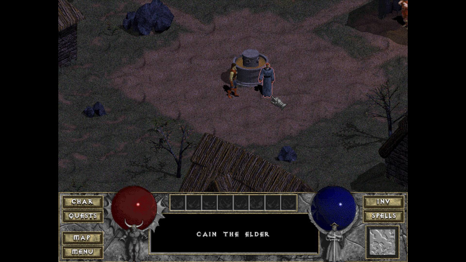 Screenshot du jeu diablo, le personnage se trouve dans le village près de la fontaine, la musique associée est jouable via le lecteur sous l'image